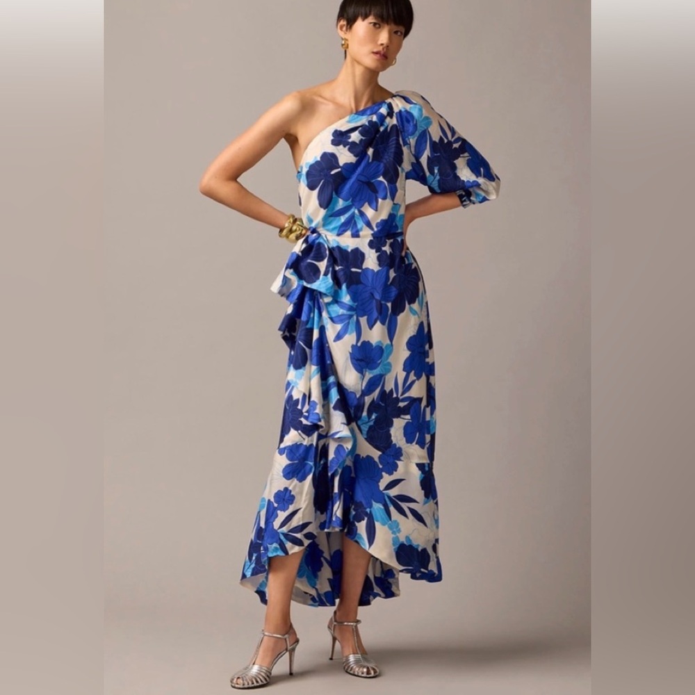 J. Crew Collection one shoulder ruffle, hem dress painted floral.